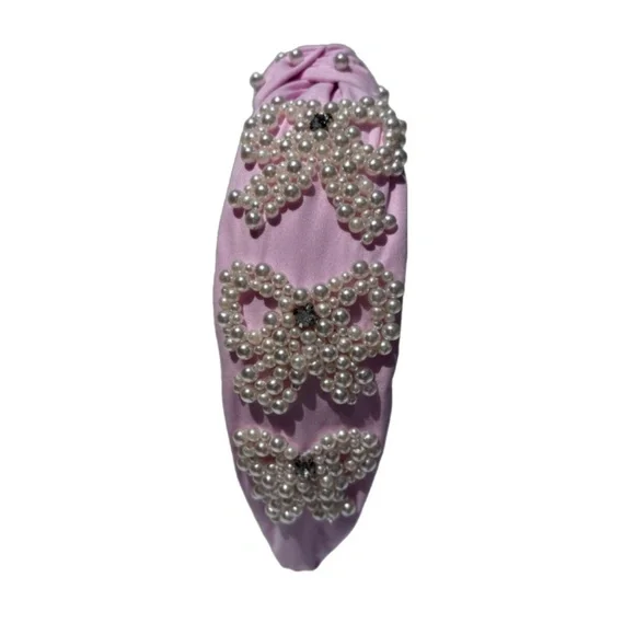 238. The Pink Bow Pearled Crystal Headband - Picture 1 of 3